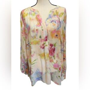 Tahari Womens Top Sz 2X Flowy Long Sleeve Ivory Cream Pink Floral V-Neck Spring